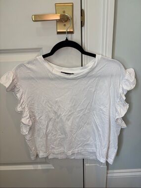 Zara White Ruffle Sleeve Short Sleeve Tee